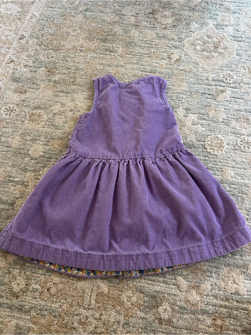 Mini Boden Girls Purple Corduroy Pinafore Jumper Dress Floral Trim Size 5-6Y